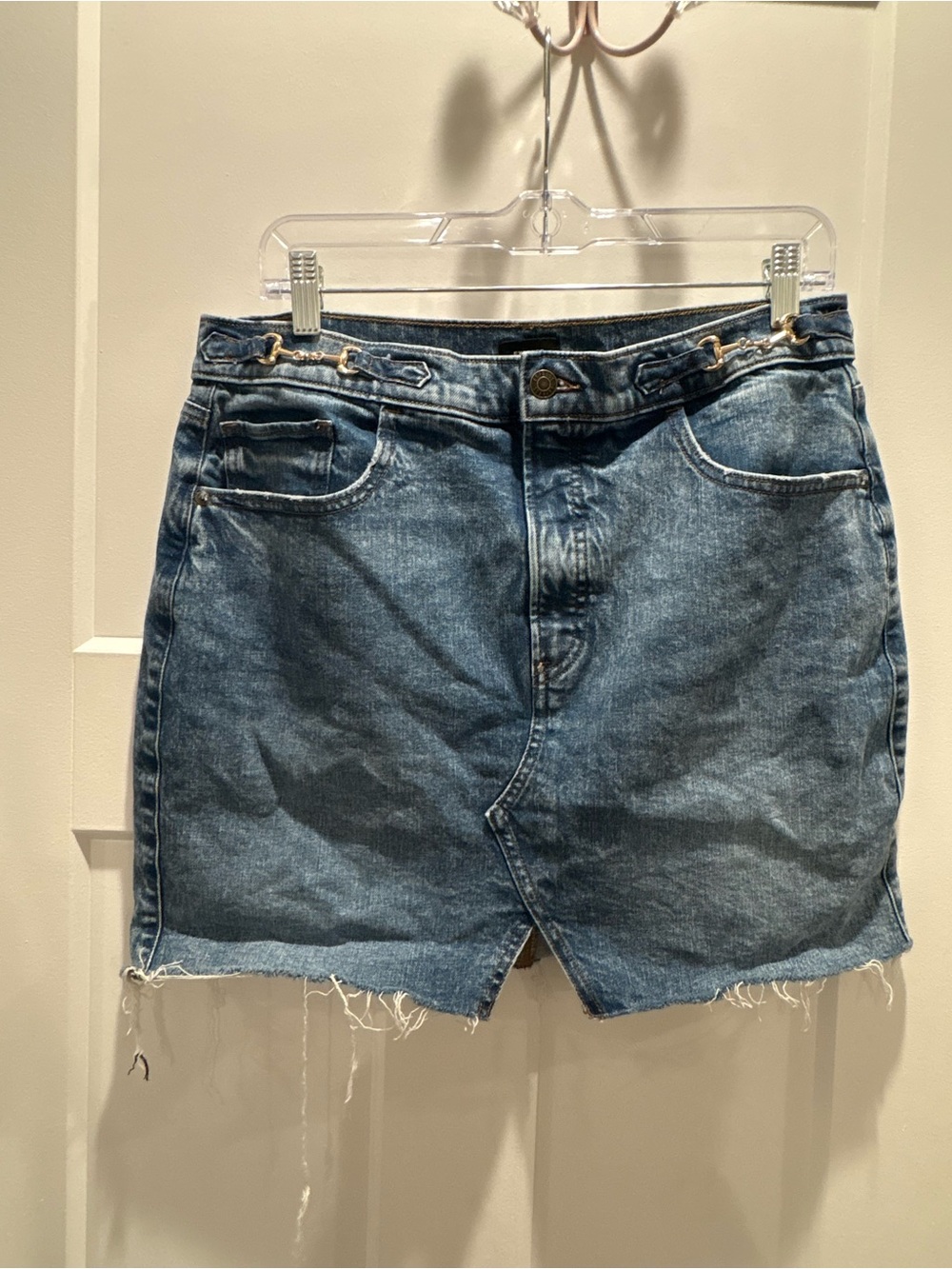 Express Blue Denim Mini Skirt with Raw Hem